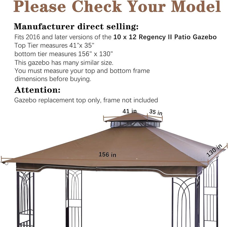SCOCANOPY Replacement Gazebo Canopy for 10 x 12 Regency II Patio Gazebo Model L-GZ798PST,A101004104,A101004105,(Brown) - Image 2